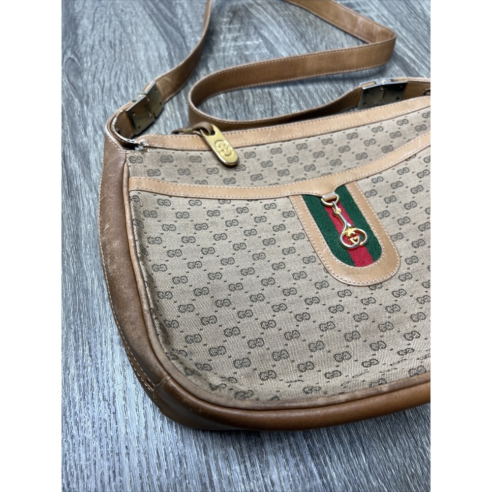 GUCCI Micro Sherry Line GG Bit Canvas Brown Leather Shoulder Bag Purse VTG Rare! - Picture 8 of 16